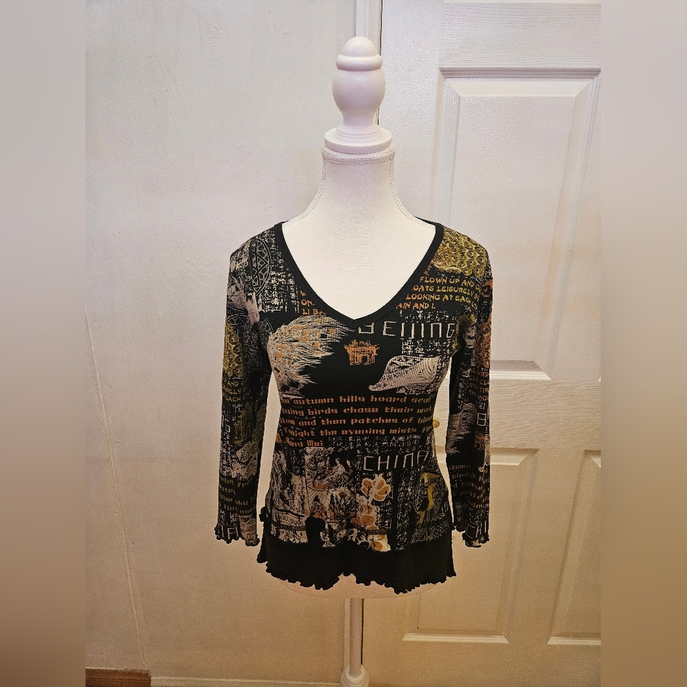 NEW Y2K GLIMA Black Tan Beijing China Printed 100% Cotton Blouse Top S